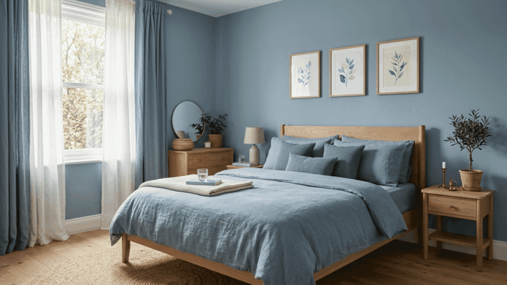 dusty blue bedroom with soft blue bedding, slate pillows, and light wood furniture
