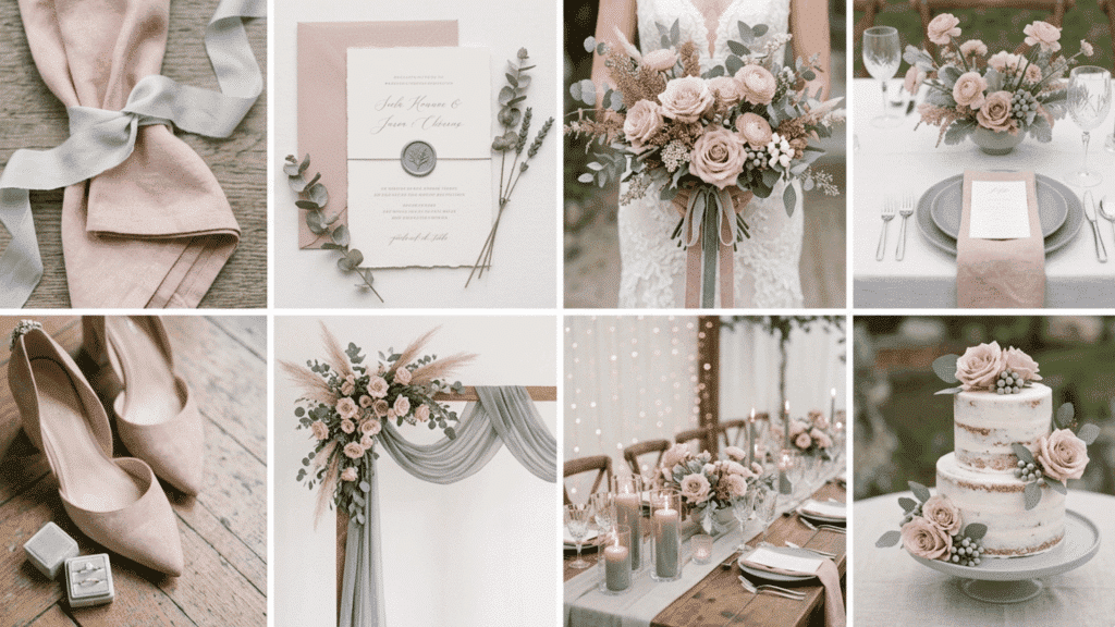 dusty pink and grey wedding color scheme collage with modern decor soft florals and fabrics