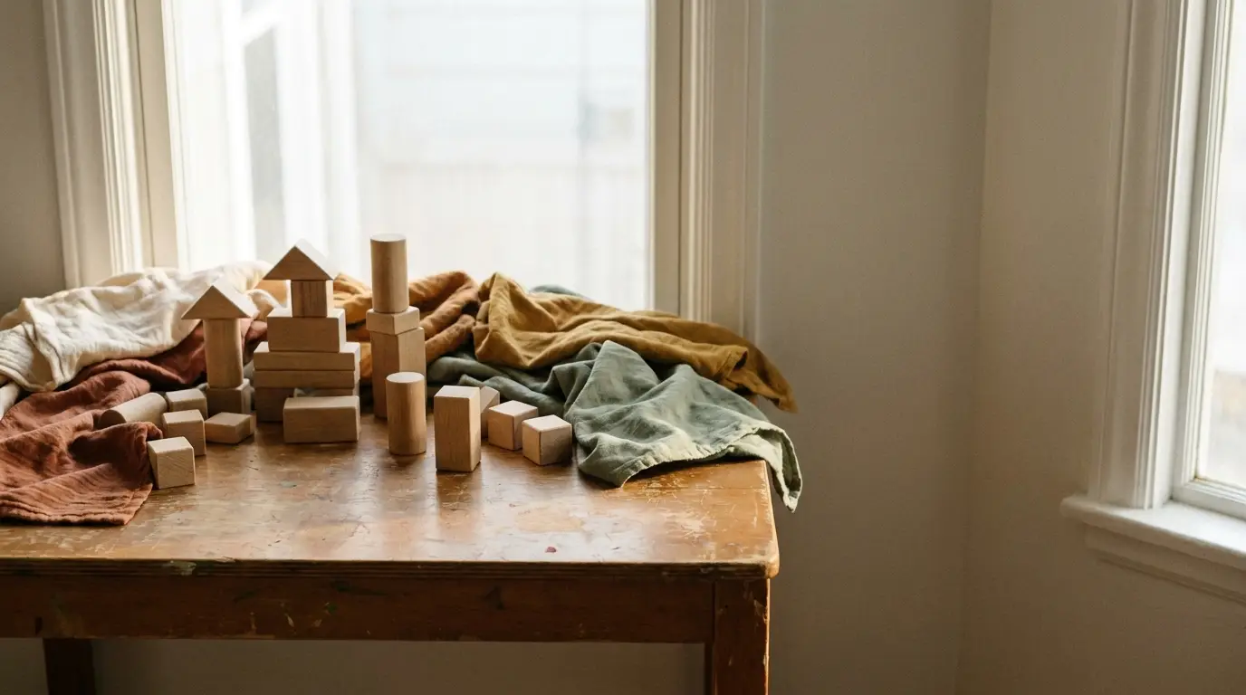 Wooden blocks arranged on a rustic table with colorful cloths in natural light