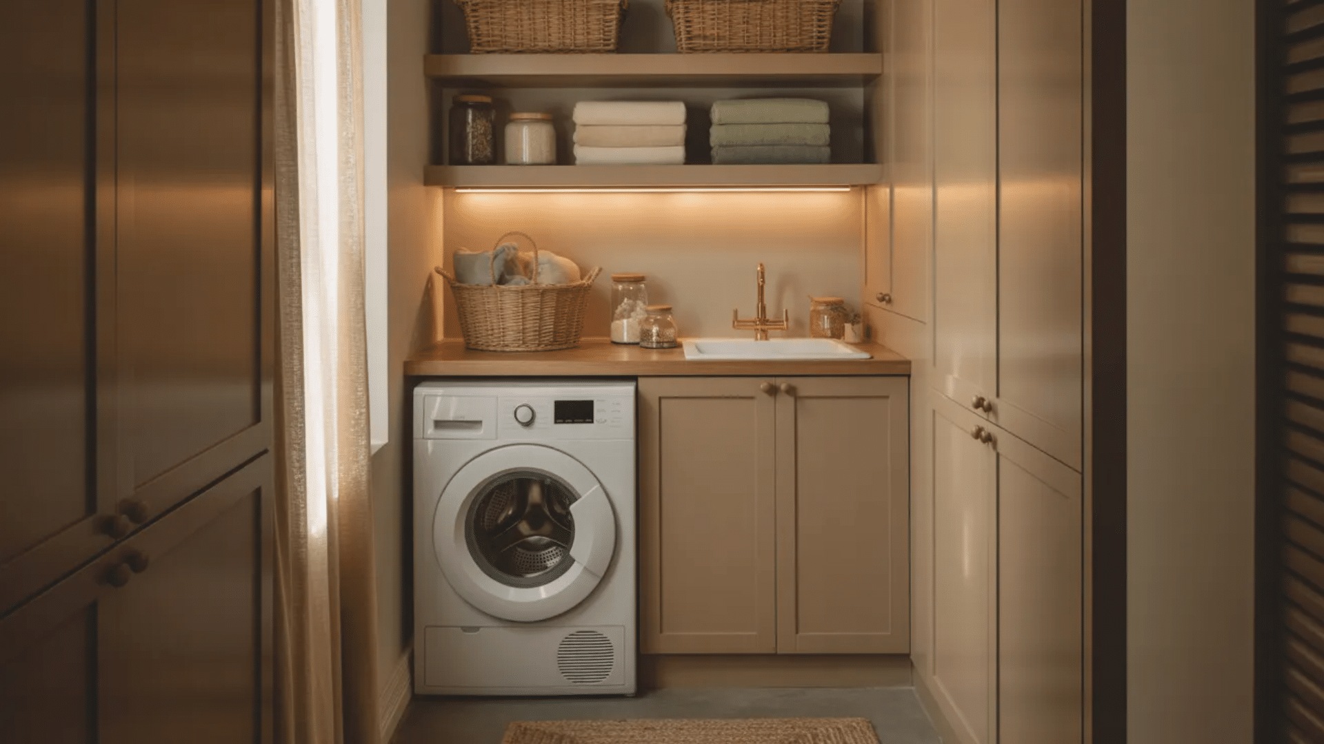 earth-tone laundry nook with warm lighting, wood accents, washer, shelves, and cozy natural styling