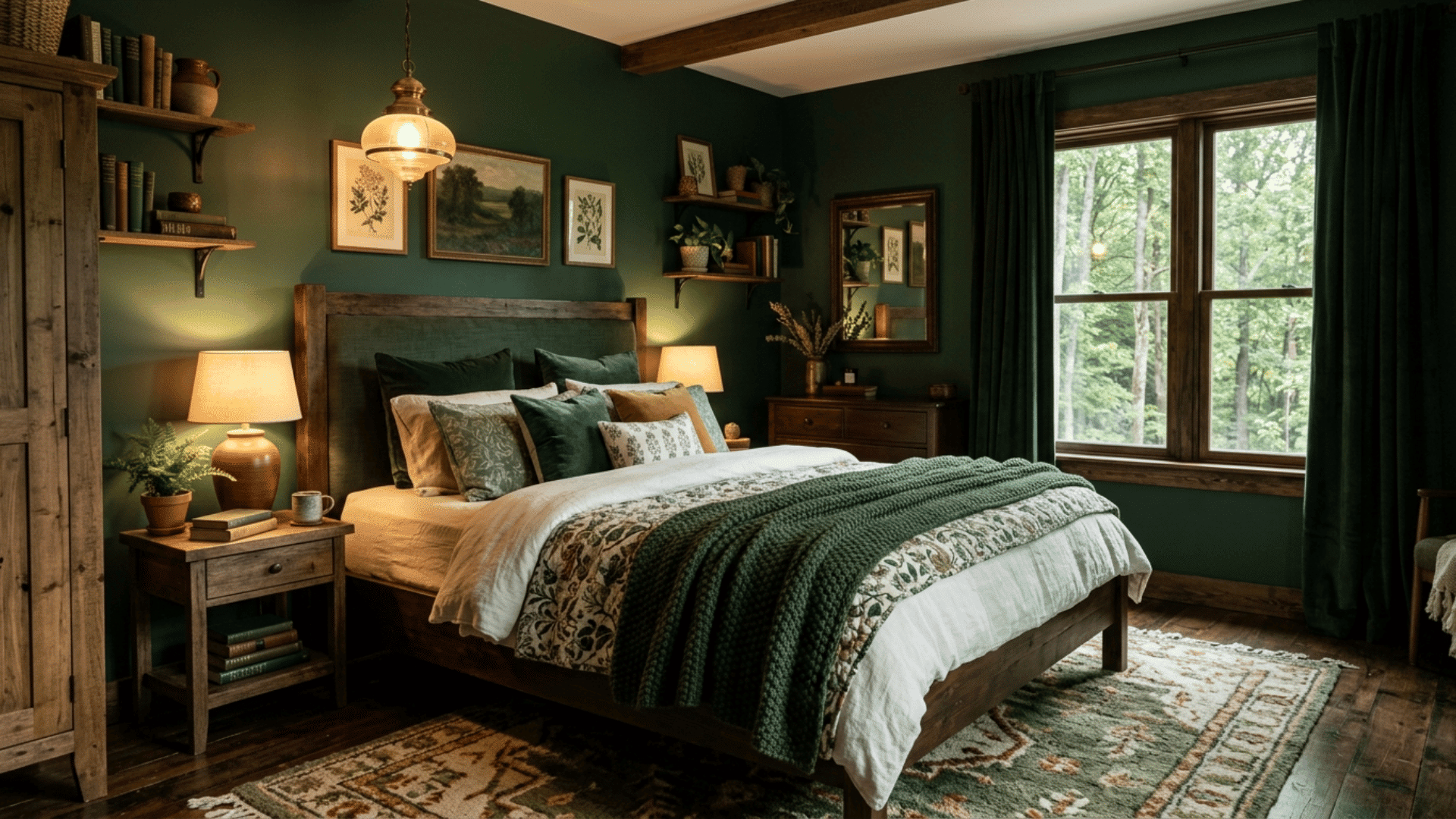 earthy green bedroom with wooden beams, layered textiles, plants, and warm lighting creating a cozy nature inspired space