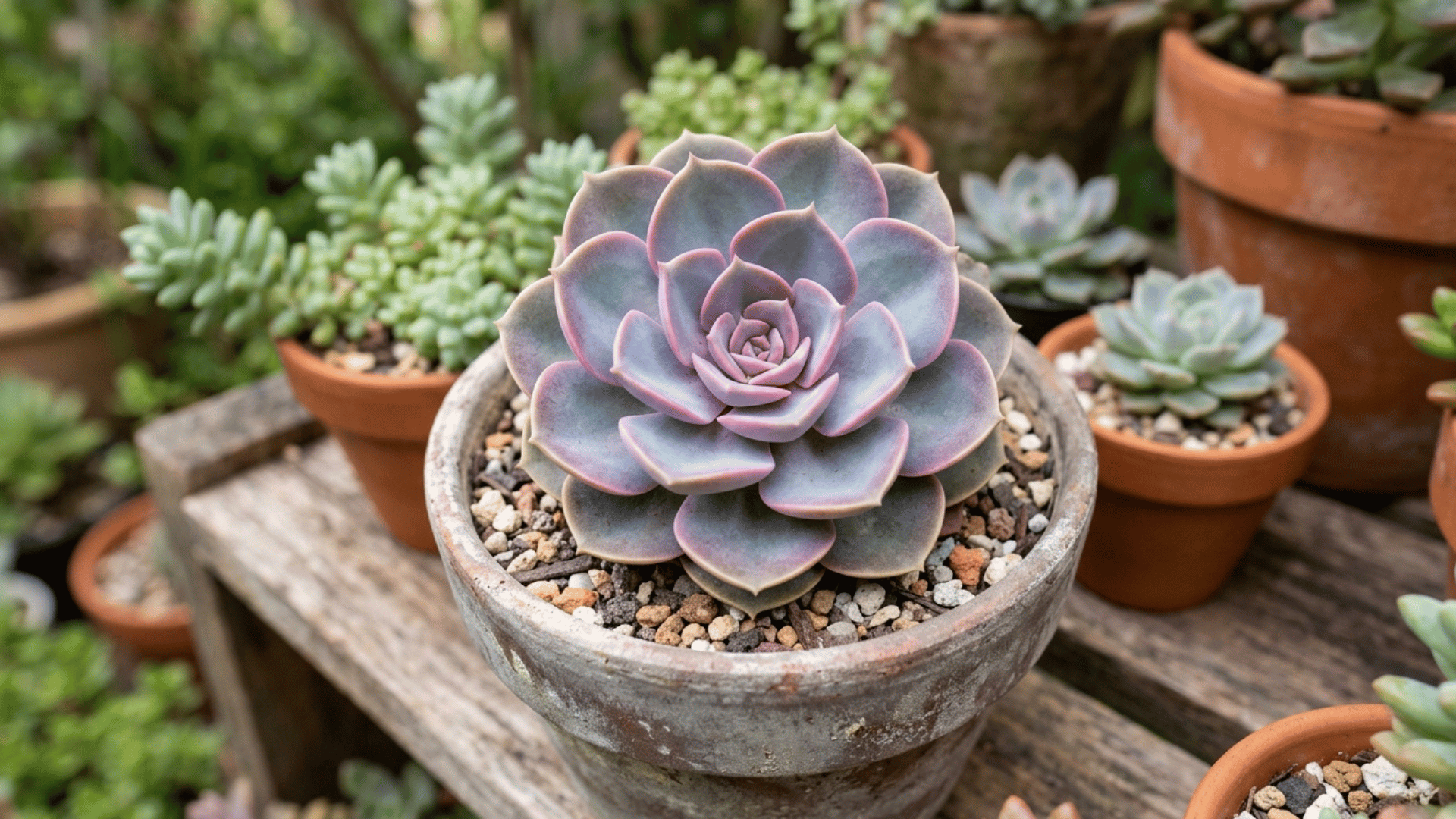 echeveria succulent with soft purple rosette leaves in a decorative outdoor pot.