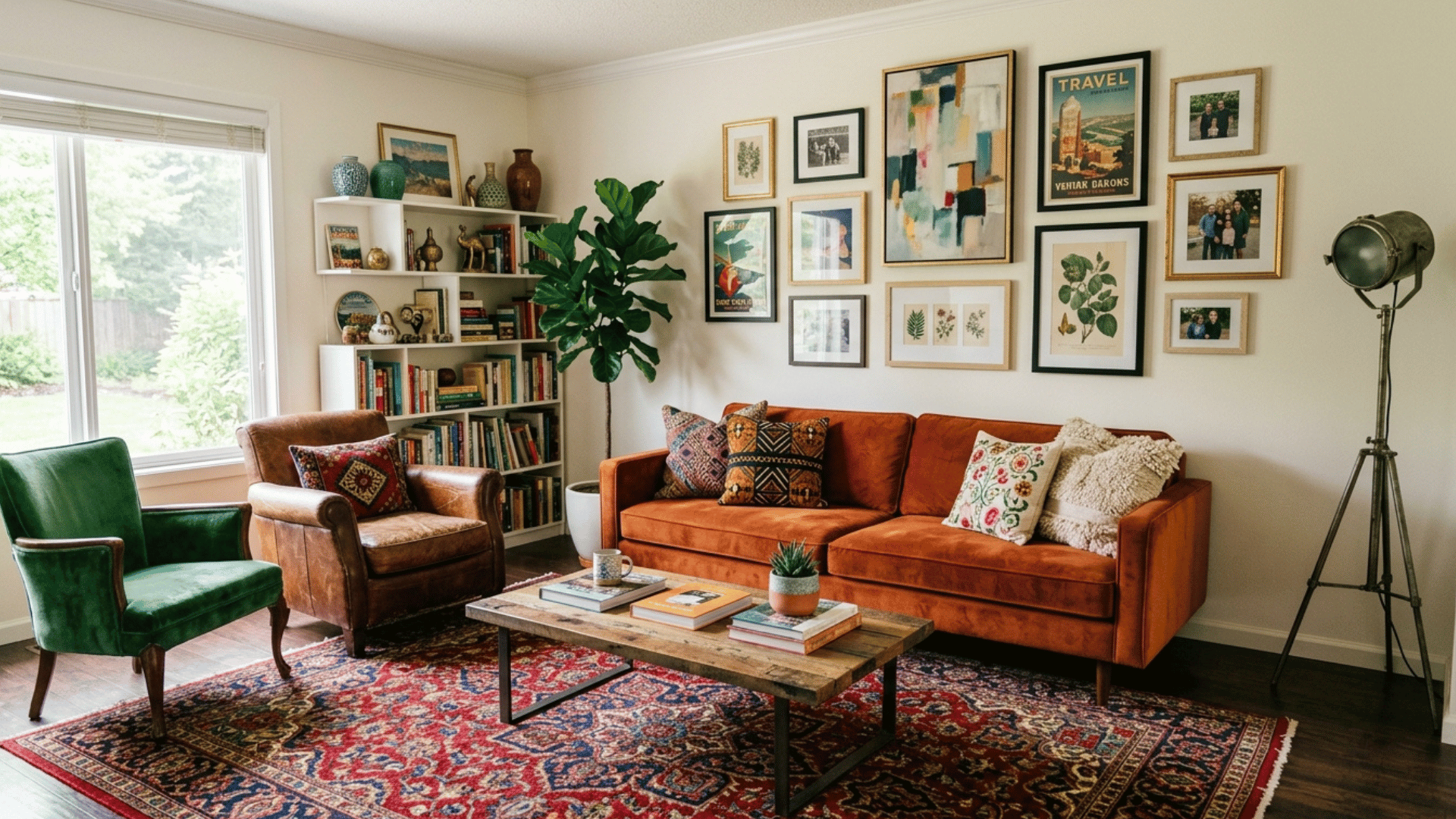 eclectic living room with colorful sofa, mixed decor, gallery wall, and patterned rug.