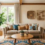 eclectic living room with mixed furniture styles, colorful accents, clean layout, and natural light