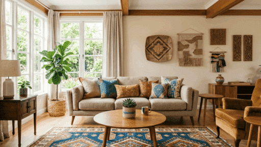 eclectic living room with mixed furniture styles, colorful accents, clean layout, and natural light