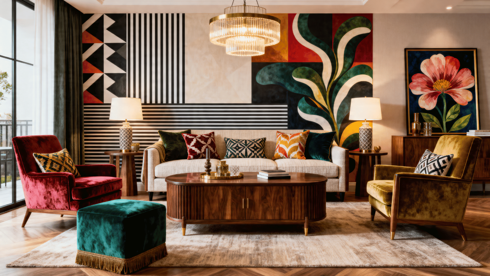 eclectic room mixing geometric patterns and floral designs, balanced layout, vibrant yet harmonious interior styling