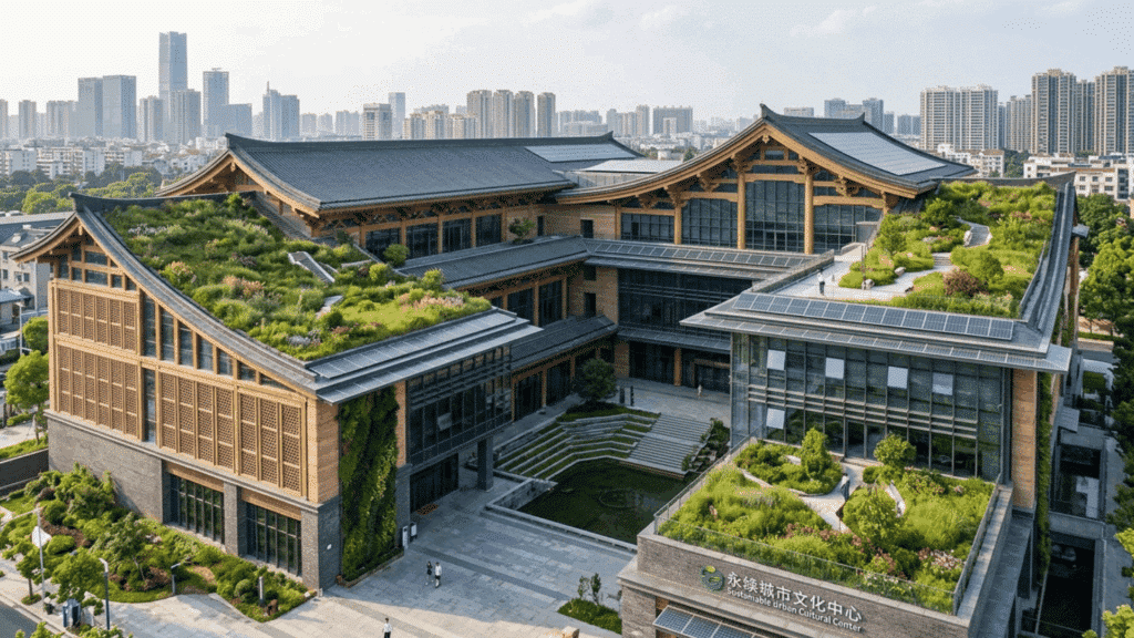 eco-friendly Chinese architecture with green roof, solar panels, and sustainable building design.