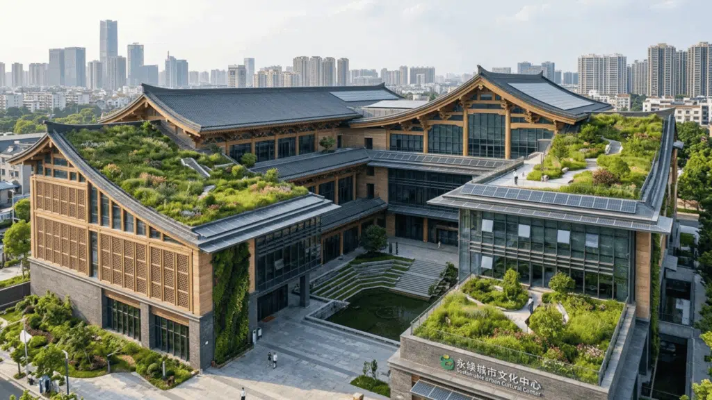 eco-friendly Chinese architecture with green roof, solar panels, and sustainable building design.