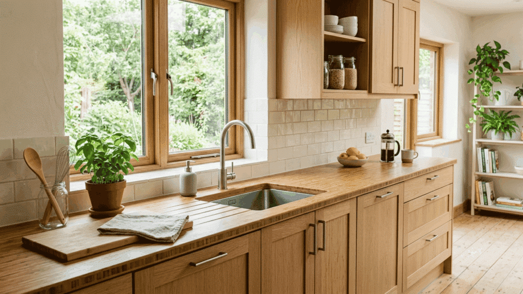 eco-friendly kitchen with bamboo countertop, light wood finish, natural texture, and sustainable modern design