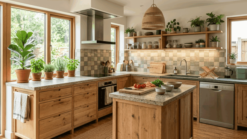 eco-friendly modular kitchen using sustainable materials and energy-saving appliances for a greener home