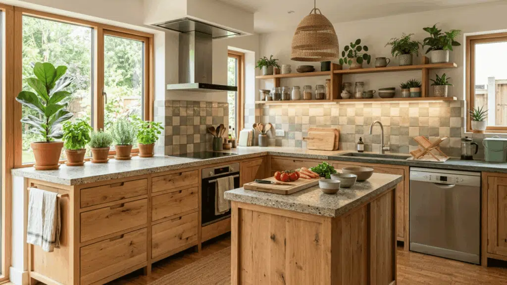 eco-friendly modular kitchen using sustainable materials and energy-saving appliances for a greener home