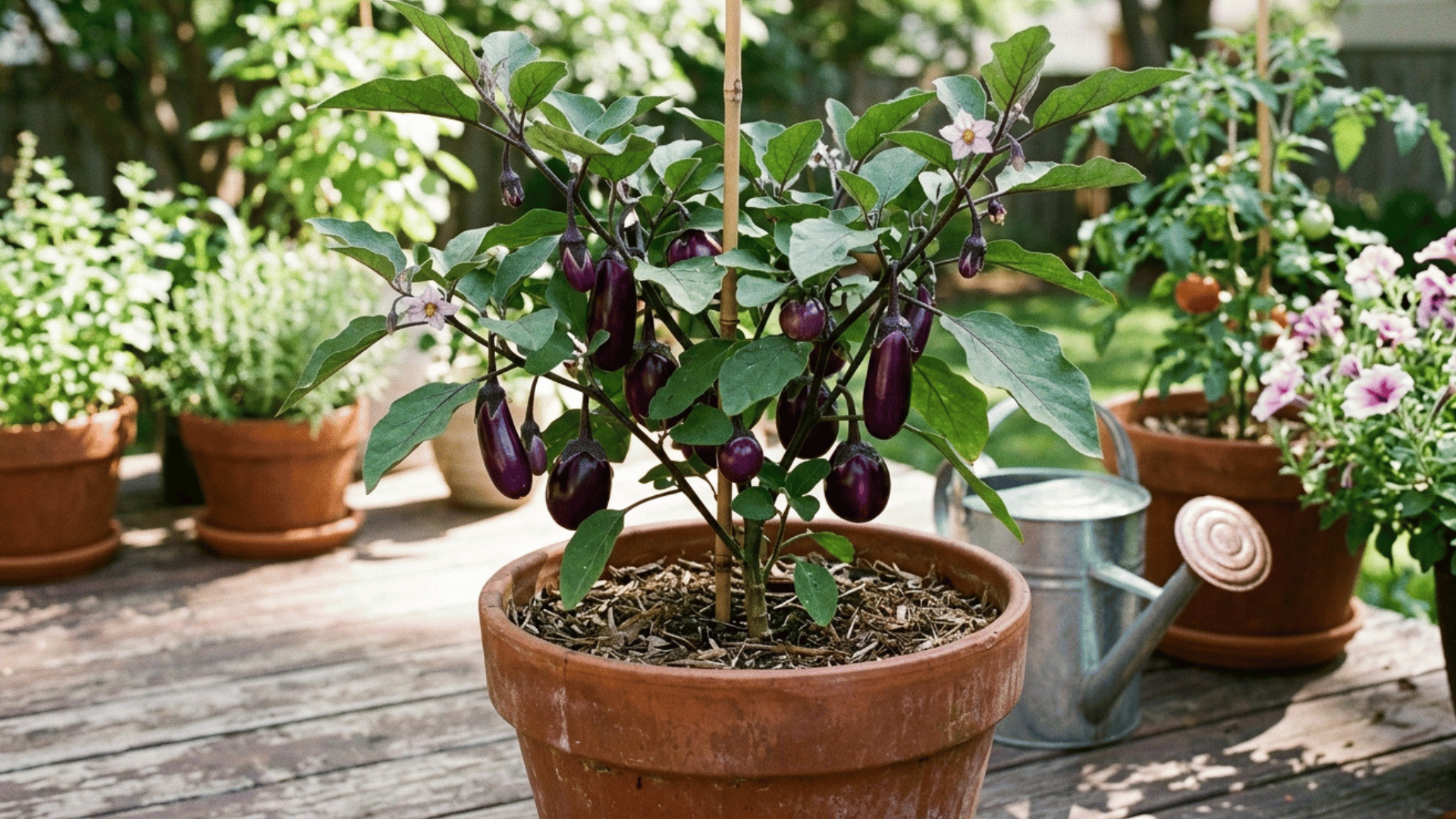 eggplant plant in a pot with small purple vegetables and garden background.