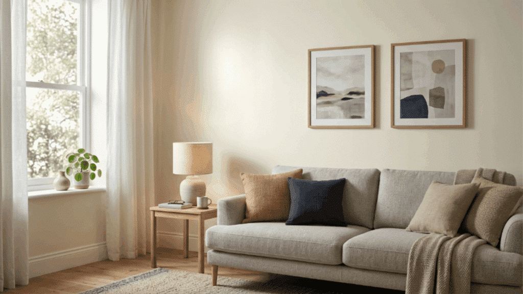 eggshell paint finish on living room wall showing gentle glow with soft reflection under natural daylight