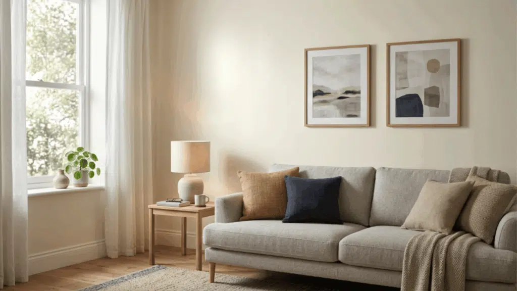 eggshell paint finish on living room wall showing gentle glow with soft reflection under natural daylight