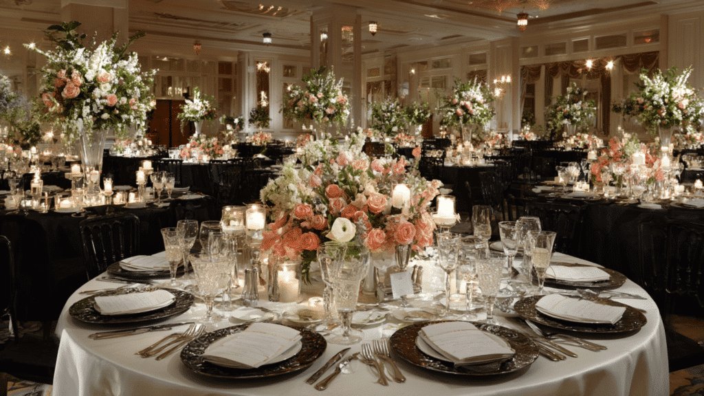 elegant banquet hall with round tables floral centerpieces candles glassware and place settings arranged for a formal event
