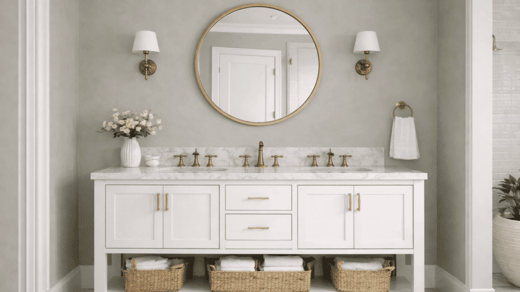elegant bathroom in escape gray with marble vanity, gold accents, and fresh plants