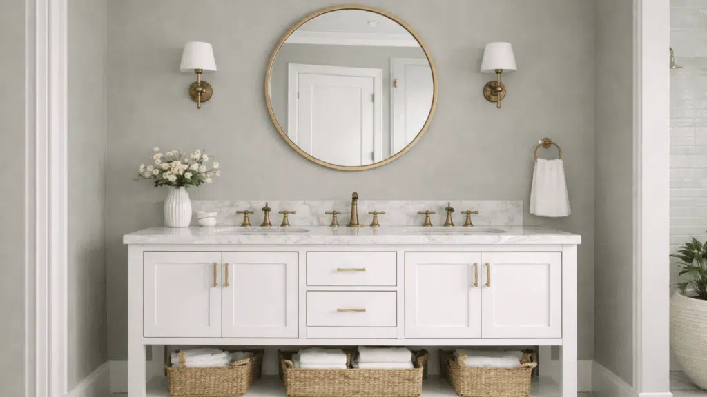 elegant bathroom in escape gray with marble vanity, gold accents, and fresh plants