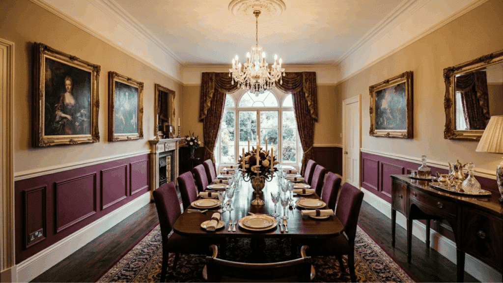 elegant dining room with burgundy lower wall and beige upper wall styled with dark wood furniture and brass accents