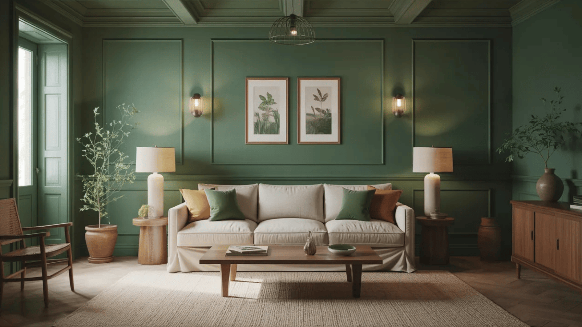 elegant green living room with paneled walls, neutral sofa, warm lighting, and natural decor, creating a cozy and sophisticated ambiance