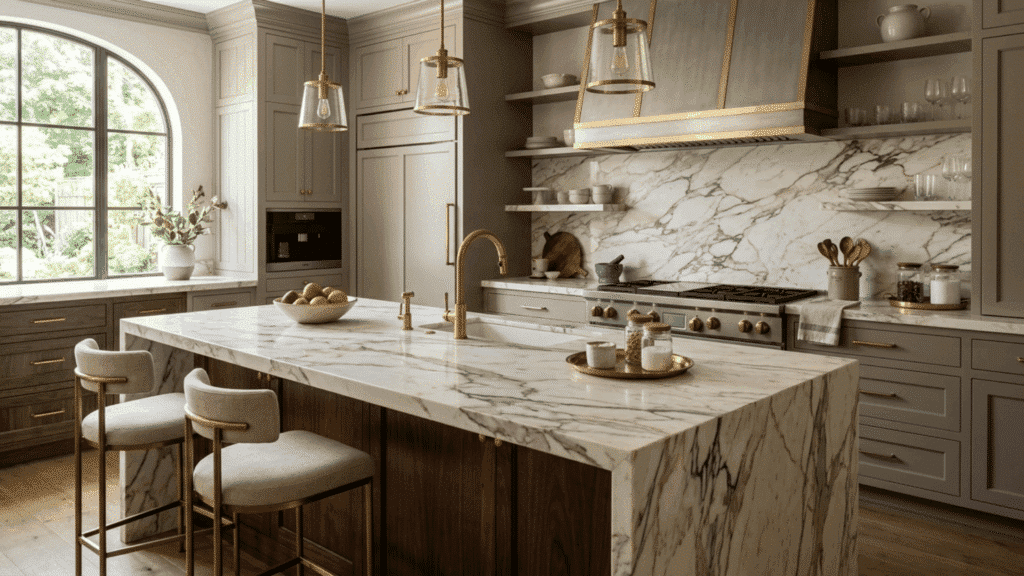elegant kitchen featuring marble countertops with bold veining, gold fixtures, and a luxurious high-end interior design