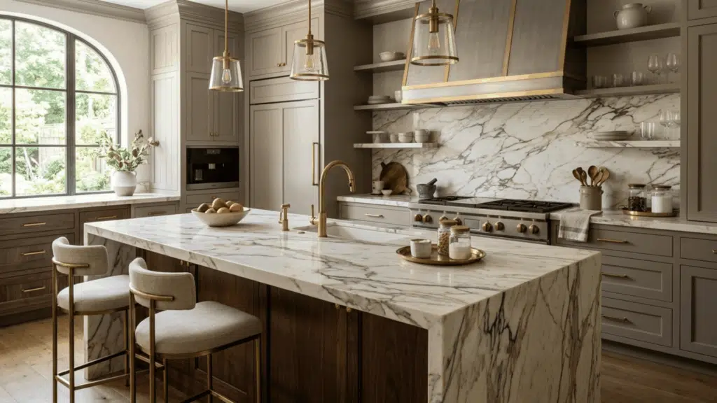 elegant kitchen featuring marble countertops with bold veining, gold fixtures, and a luxurious high-end interior design 