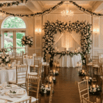 elegant wedding reception hall with white and gold decor floral centerpieces chandeliers and table setup