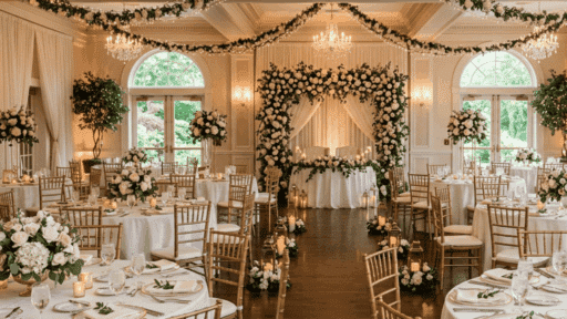 elegant wedding reception hall with white and gold decor floral centerpieces chandeliers and table setup