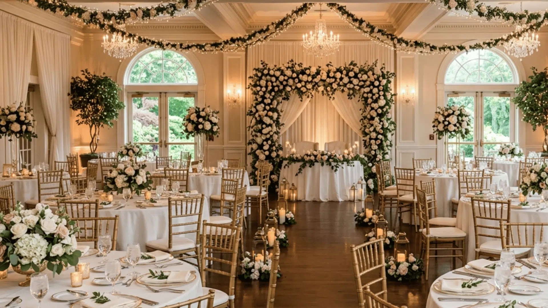 elegant wedding reception hall with white and gold decor floral centerpieces chandeliers and table setup
