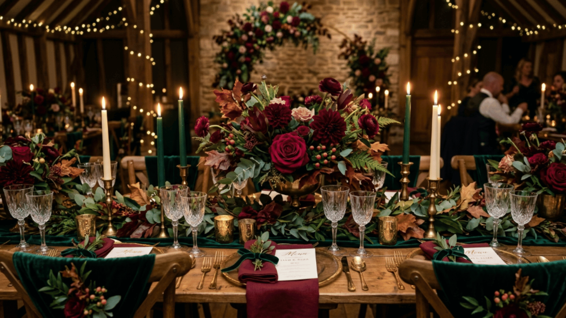 emerald green and burgundy event styling with flowers, candles, deep warm colors, seasonal decor, soft lighting, high detail