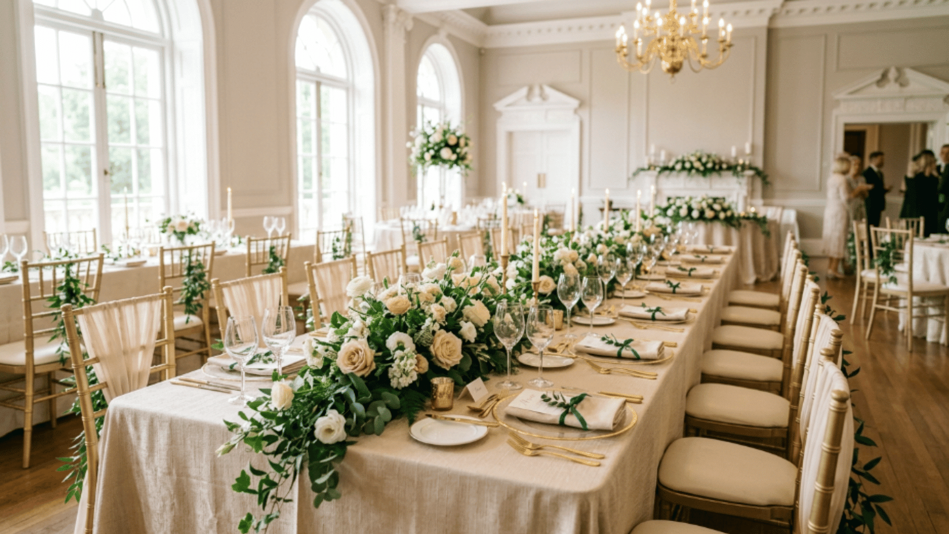 emerald green and champagne wedding table decor with flowers, candles, light fabric draping, airy and soft ambiance, modern event styling, high detail