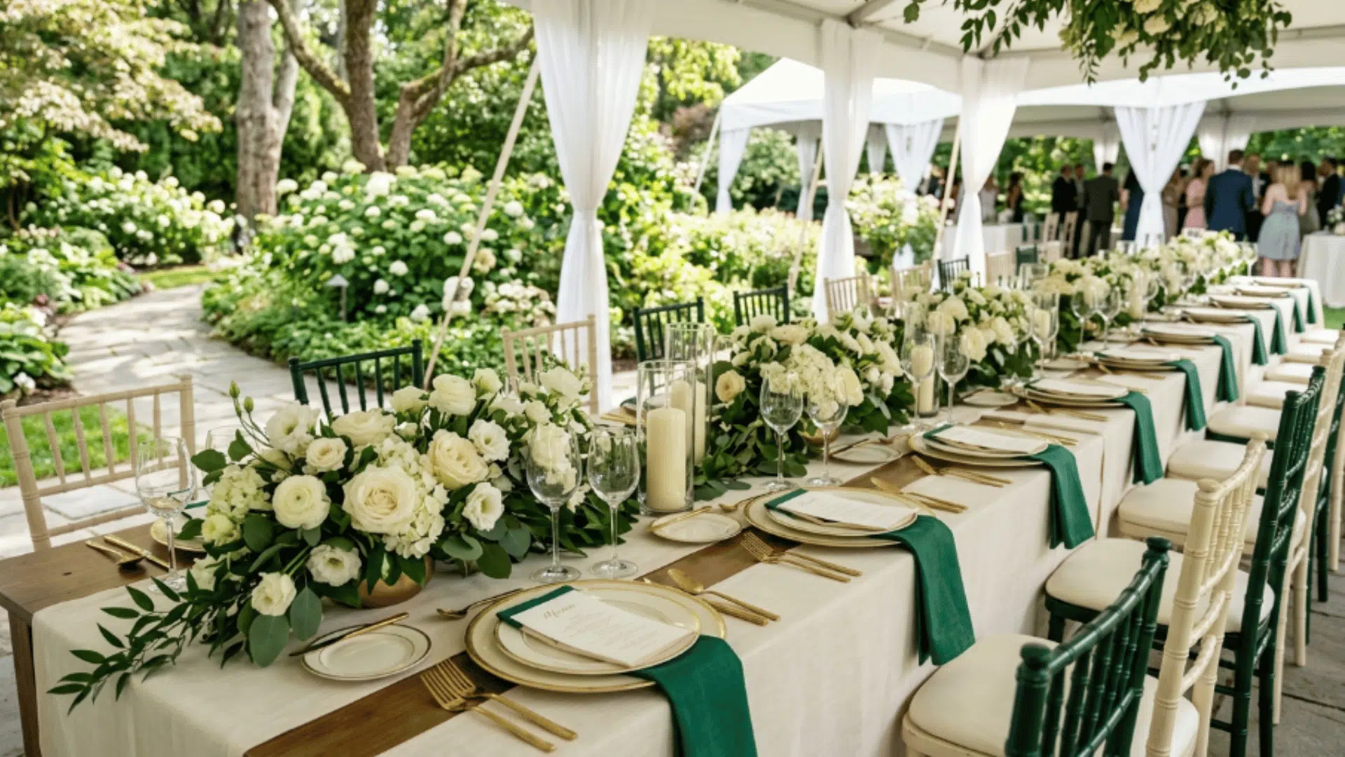 emerald green and cream wedding decor with minimal design, soft tones, airy setup, daytime lighting, modern event style (1)