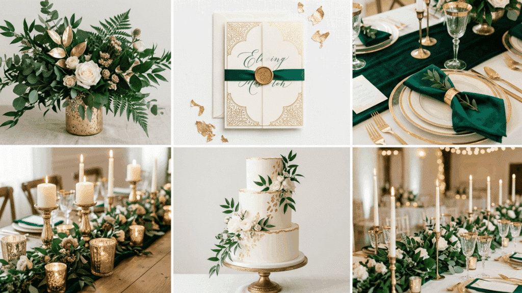 emerald green and gold wedding color scheme collage with rich decor greenery and table setup