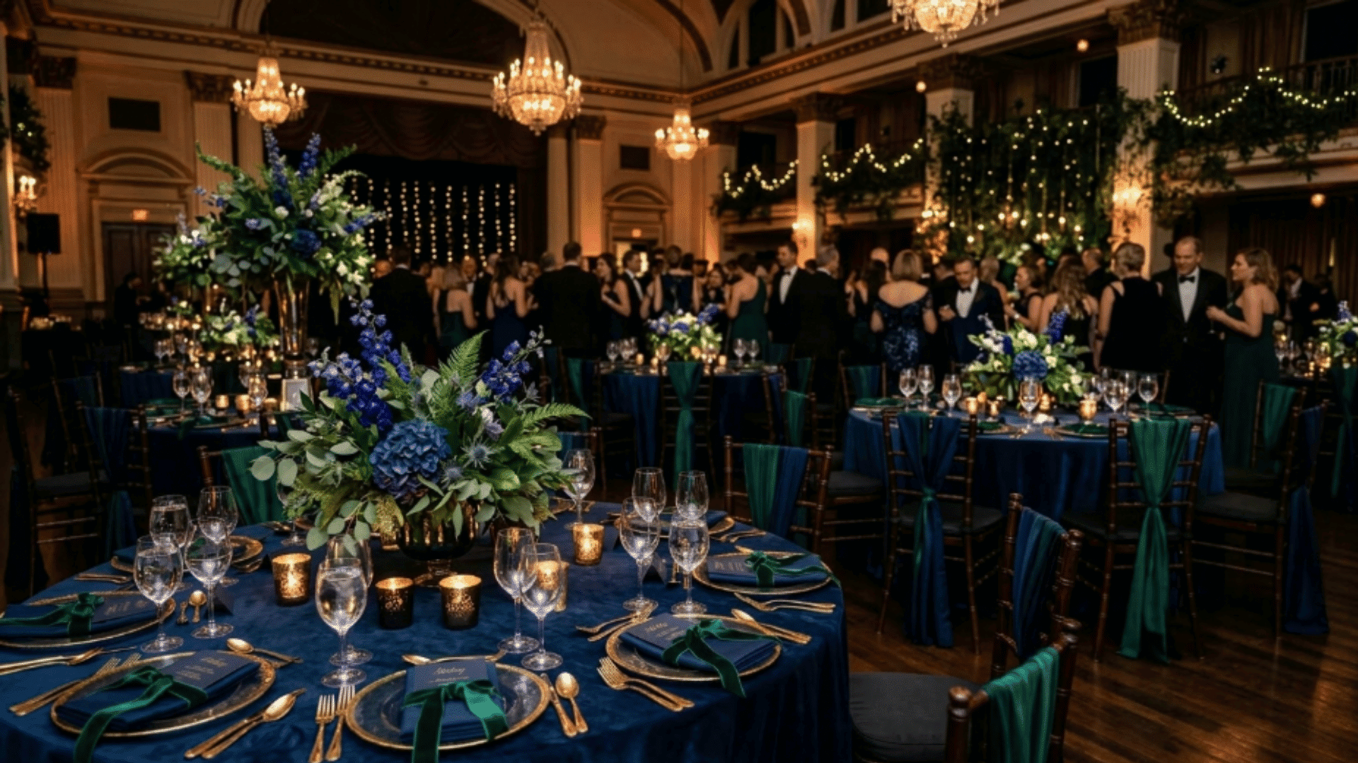 emerald green and navy blue wedding decor with candles and soft lighting, evening ambiance, deep tones, modern formal event styling