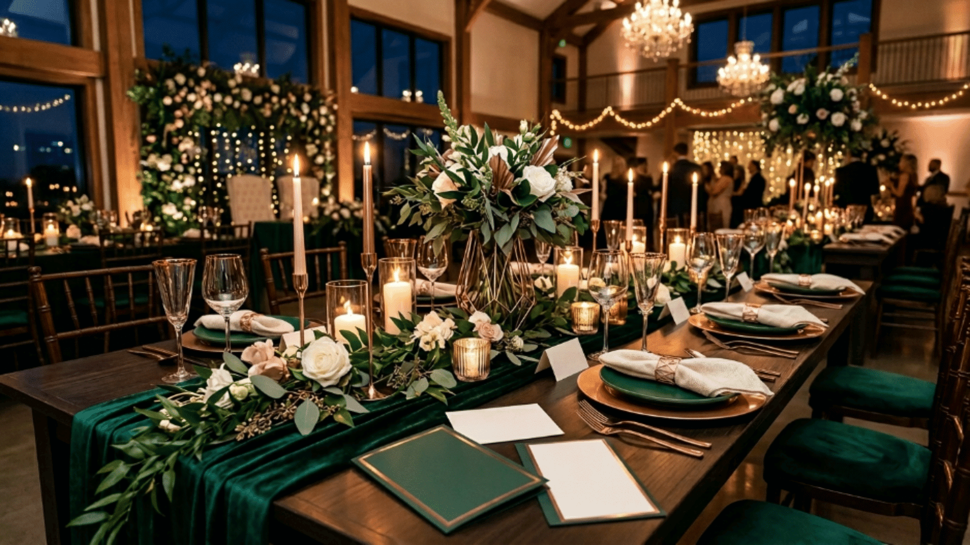 emerald green and rose gold event styling with shiny details, tableware, candles, modern decor, soft lighting, high detail