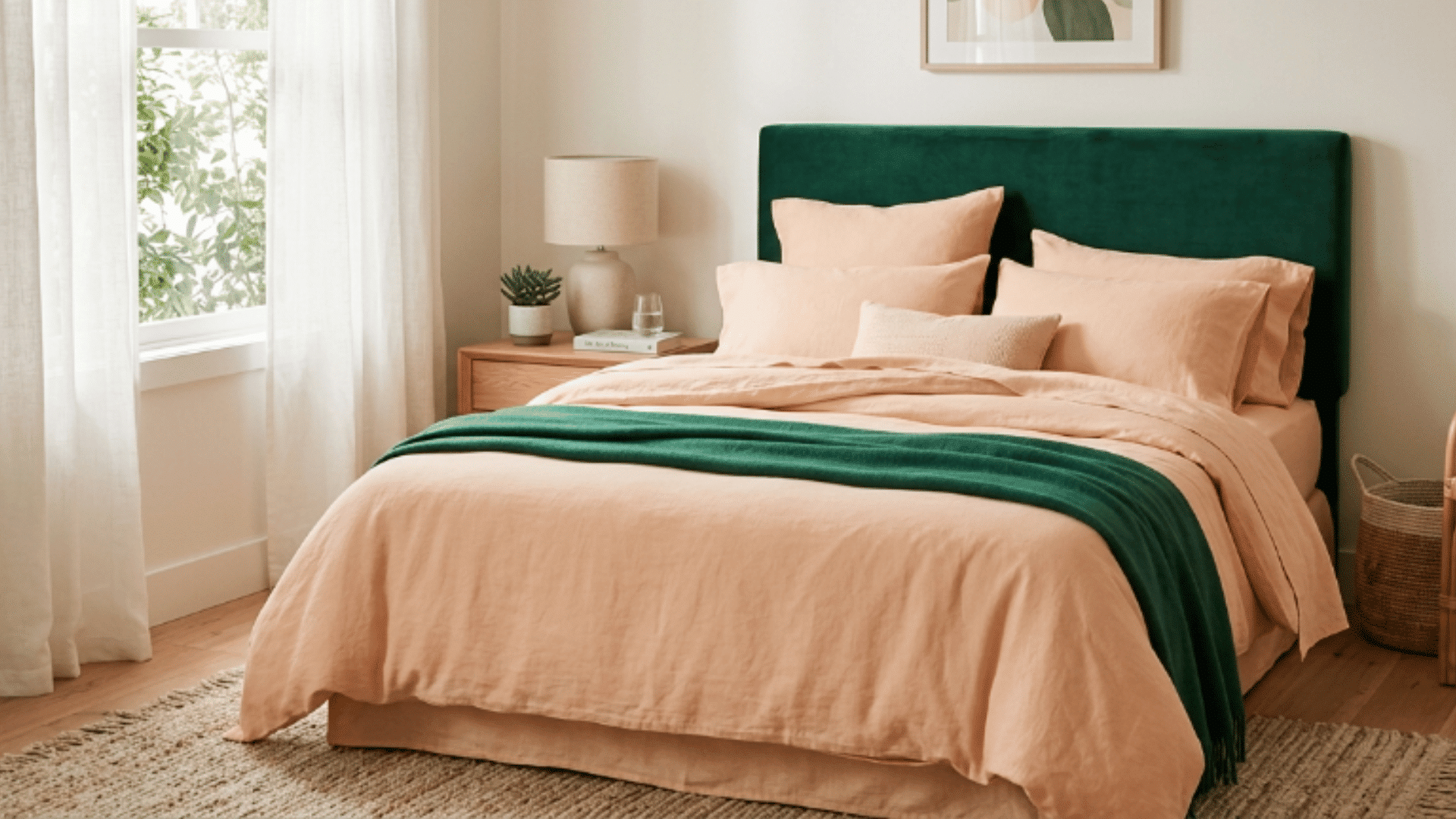 emerald green bedroom with peach bedding soft lighting and calm cozy interior setup