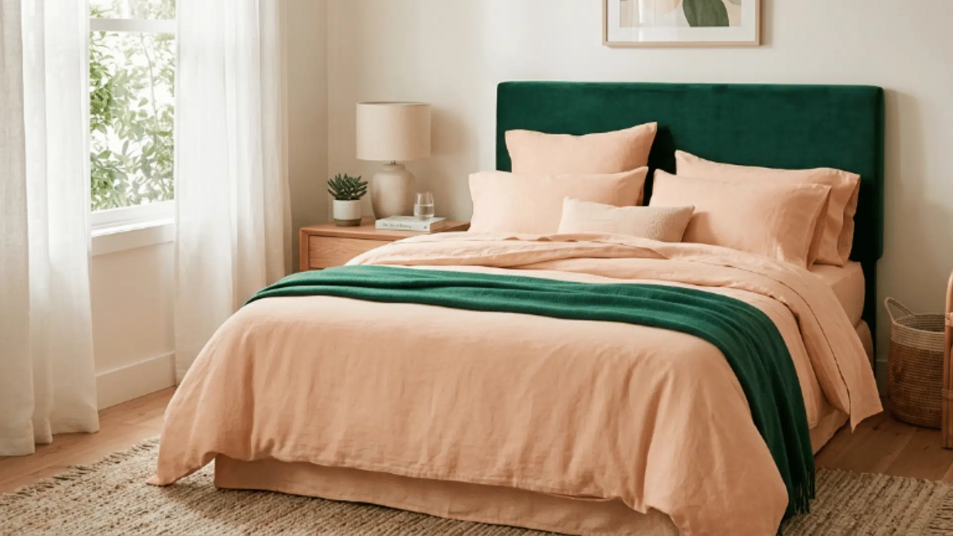 emerald green bedroom with peach bedding soft lighting and calm cozy interior setup