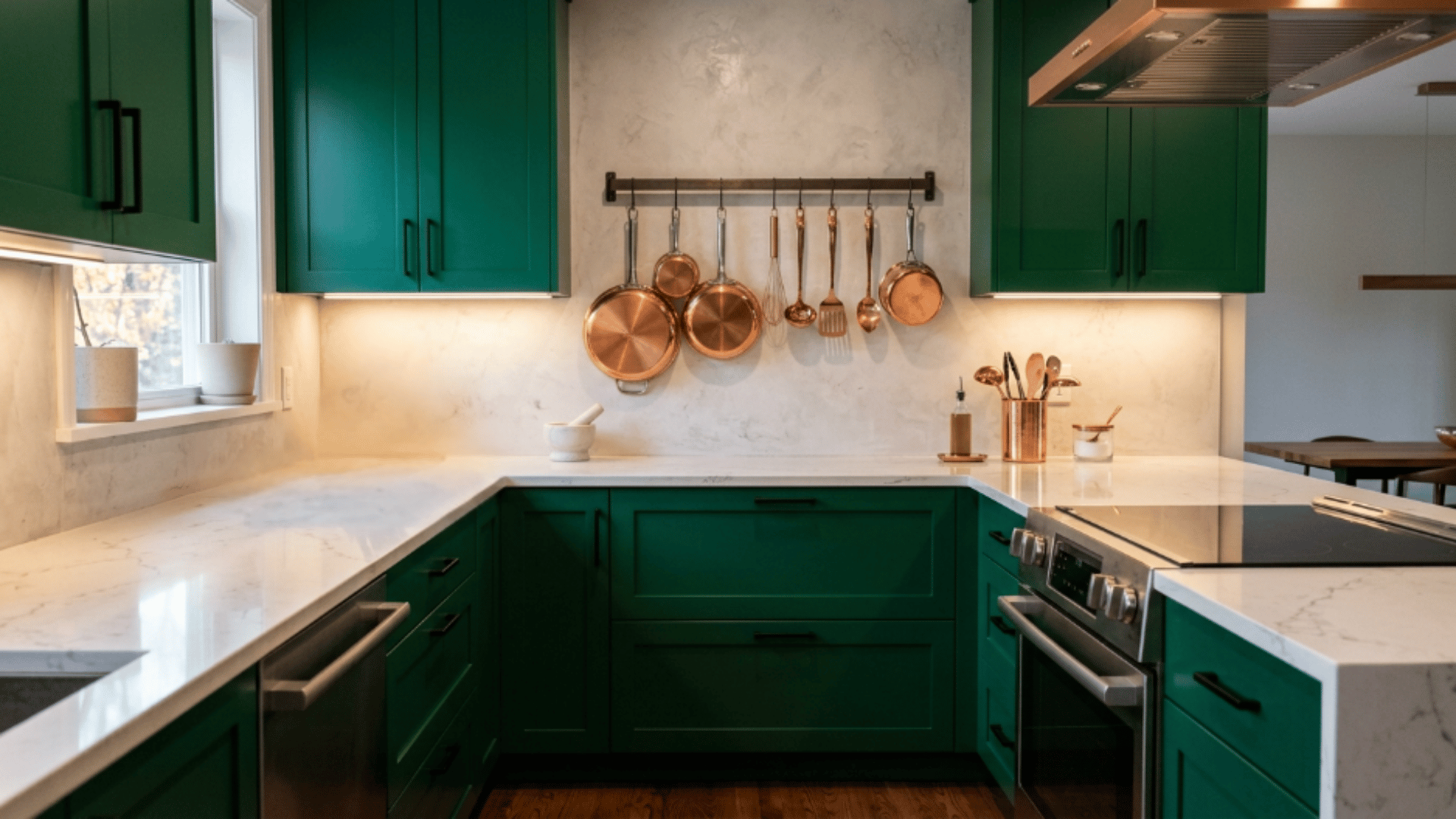 emerald green kitchen with copper lighting fixtures and warm metallic accents