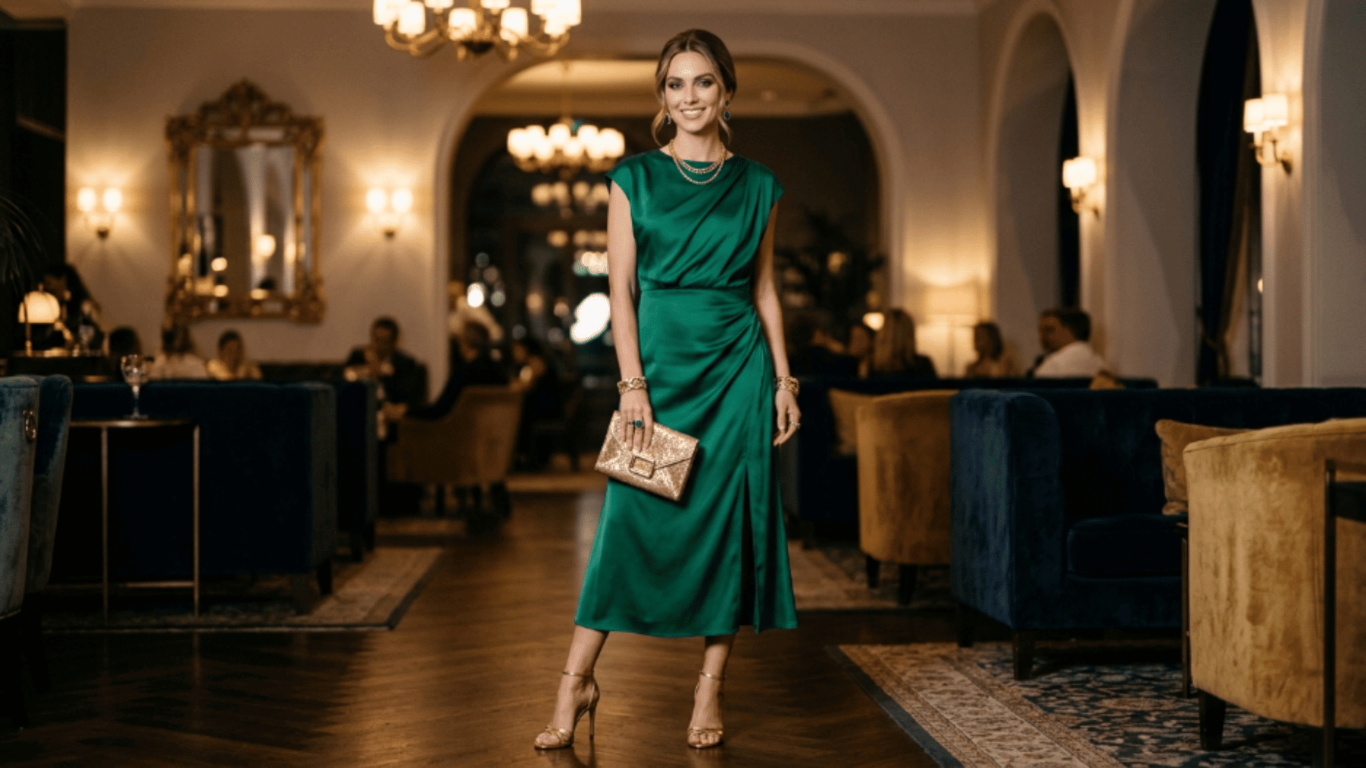 emerald green outfit with gold accessories for festive and party fashion styling