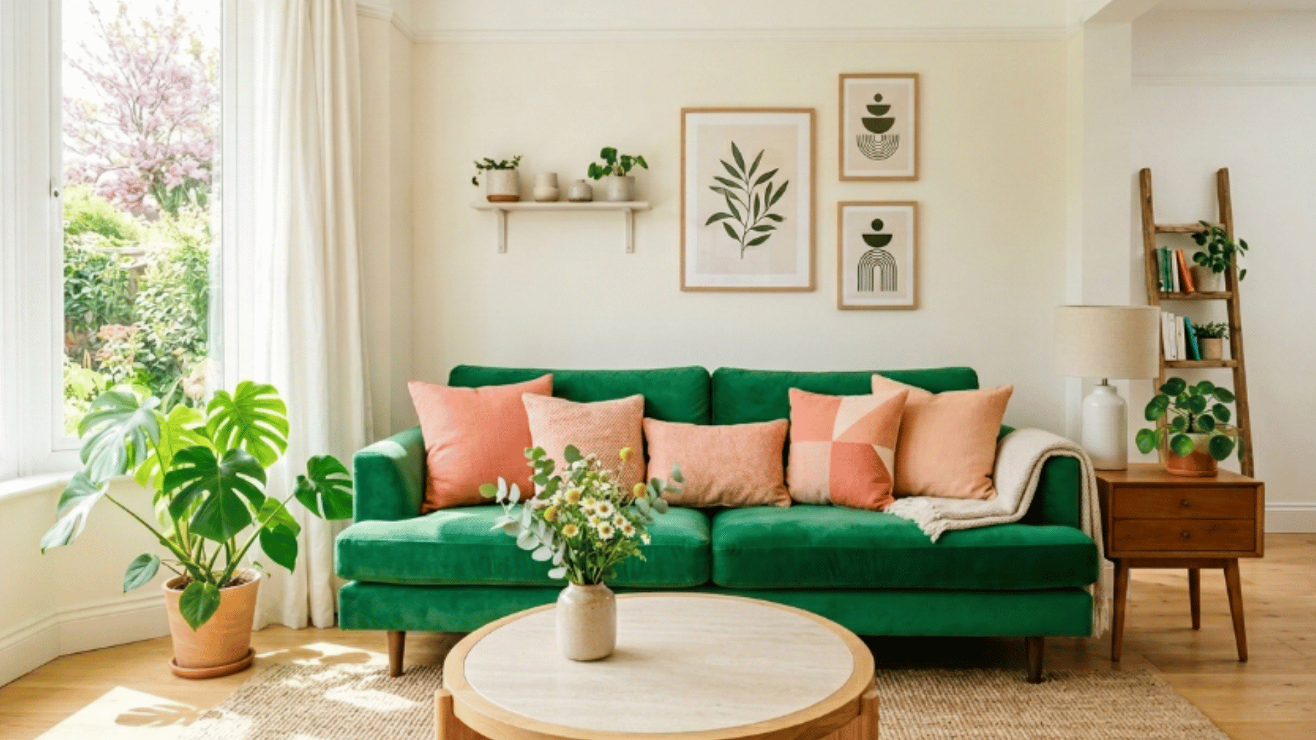 emerald green sofa with coral cushions in bright living room with natural light and minimal decor