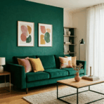 emerald green sofa with subtle complementary color accents in modern living room with natural light and wide view