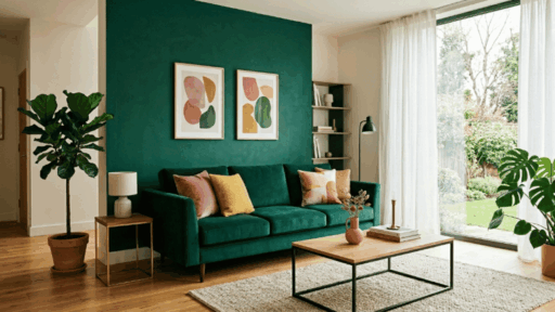 emerald green sofa with subtle complementary color accents in modern living room with natural light and wide view