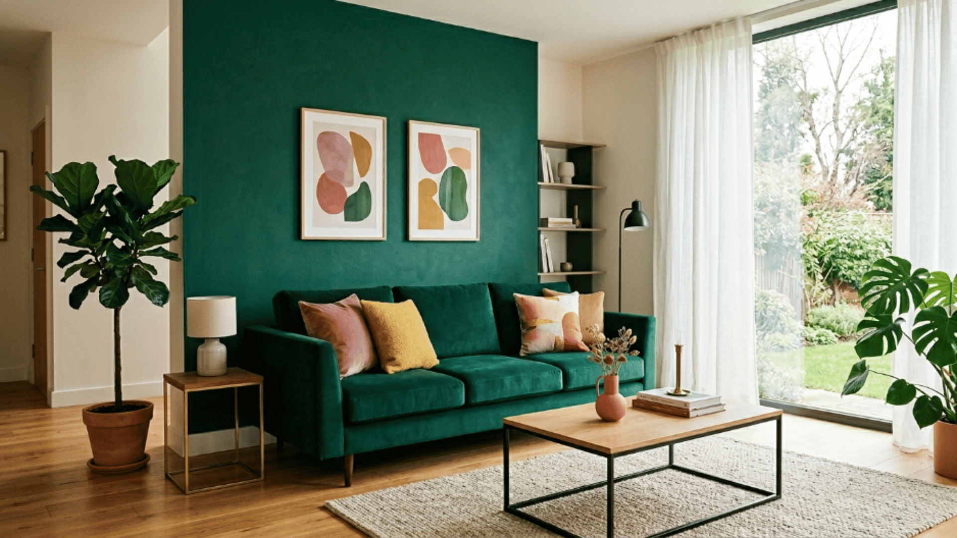 emerald green sofa with subtle complementary color accents in modern living room with natural light and wide view