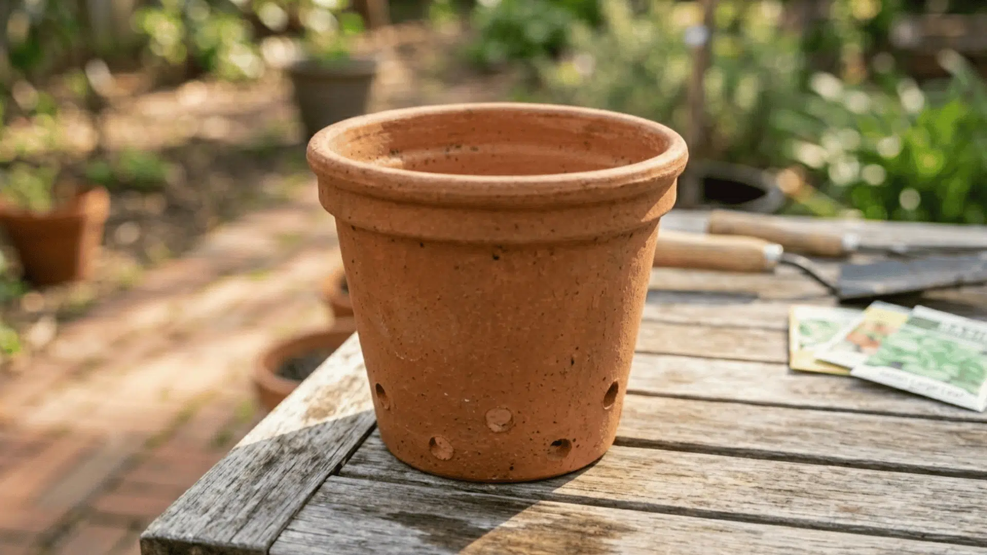 empty terracotta pot on wooden table ready for planting basil seeds.