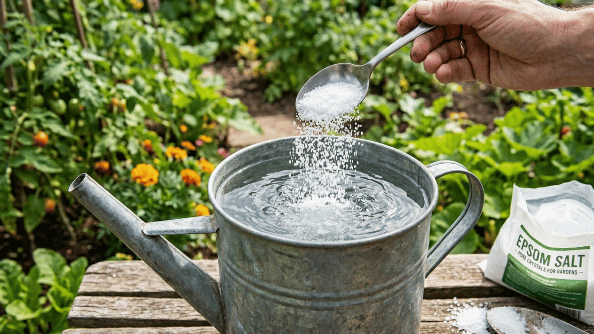 epsom salt mixed in watering can for plants with garden background in natural daylight