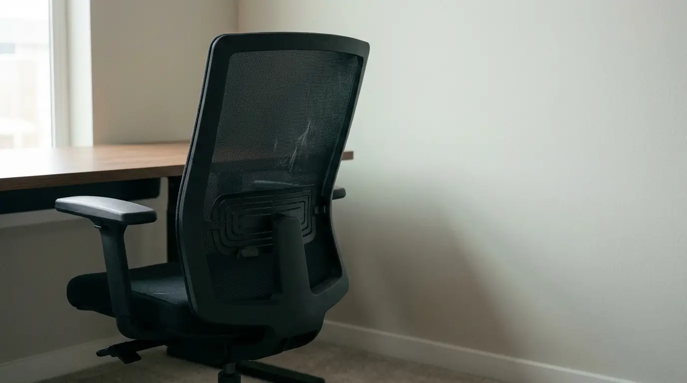 Black ergonomic office chair beside wooden desk in minimalist room