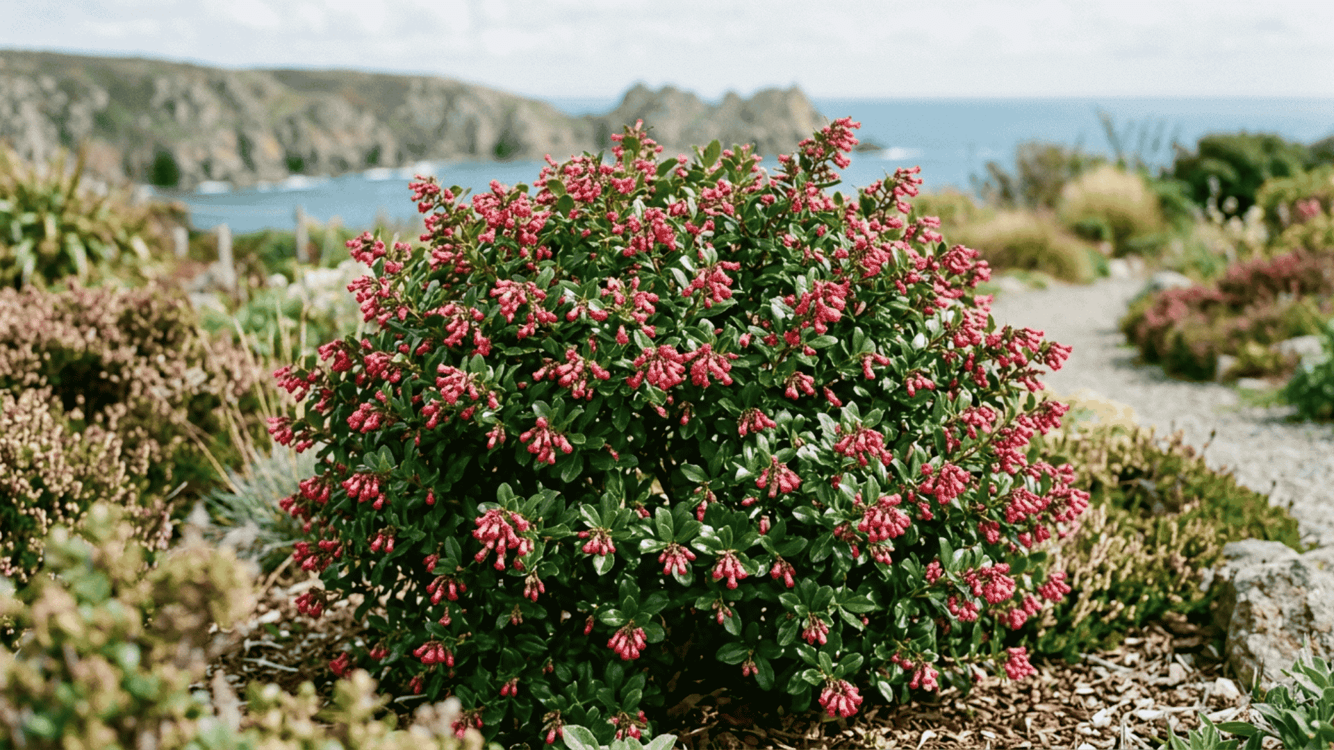 escallonia shrub close up showing dense evergreen foliage and small tubular pink and red flowers covering the branches in natural light