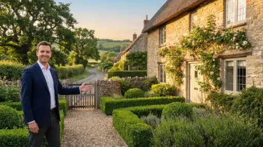 Man in suit presenting charming stone cottage with rose-covered facade and lush green garden