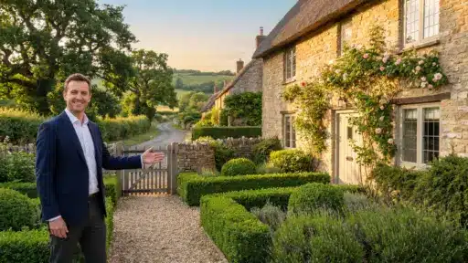Man in suit presenting charming stone cottage with rose-covered facade and lush green garden
