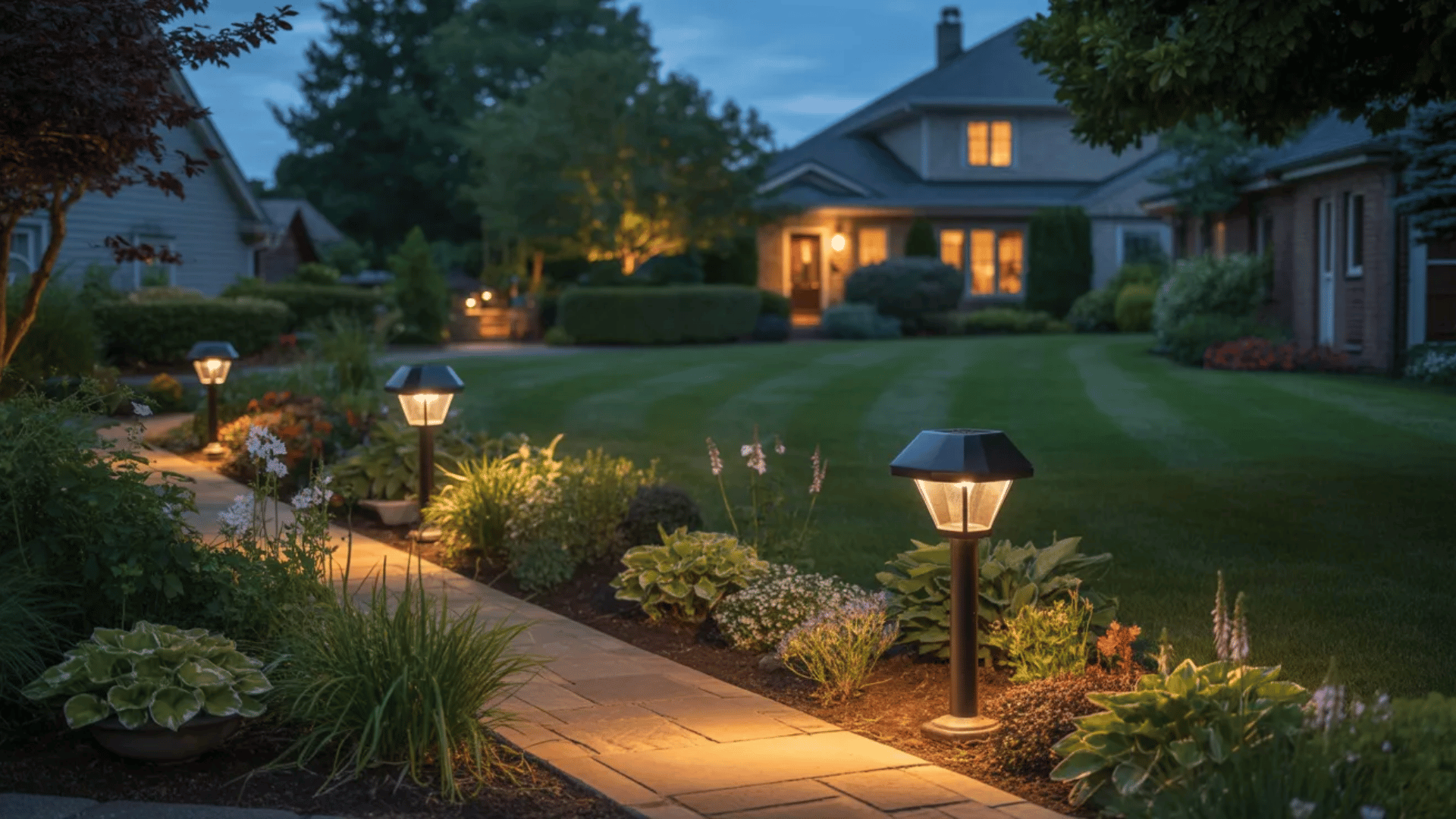 evening garden scene with lit pathway lights illuminating plants and a walkway leading to a cozy suburban house