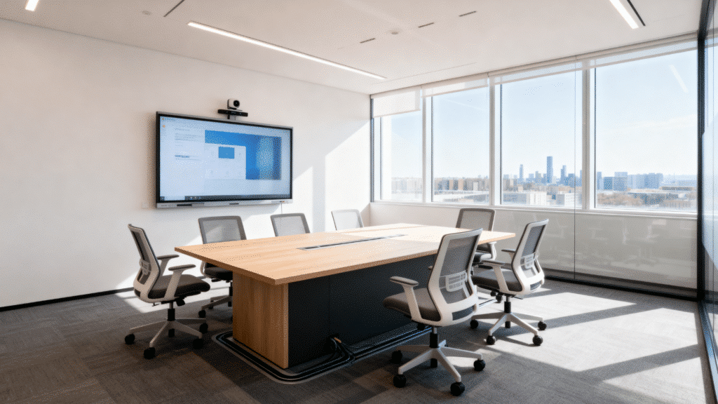 executive office with large desk and chairs facing window in modern workspace with city view and minimal decor